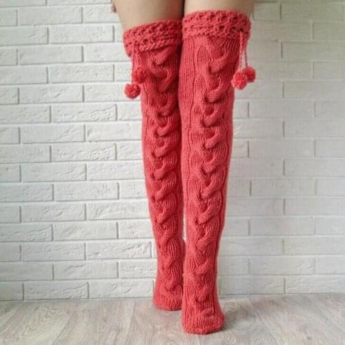 Women Wool Knitted Thick Stockings Autumn and Winter Casual Warm Fluffy Over Knee Socks Leg Warmer Solid Color