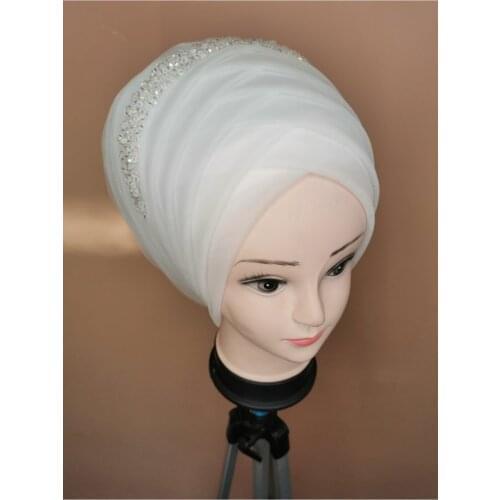 Womens White Color Muslim Hijab Scarf Ready to Wear Turban Islamic Headscarf Female Head Wraps lycra tulle Shawl wedding party