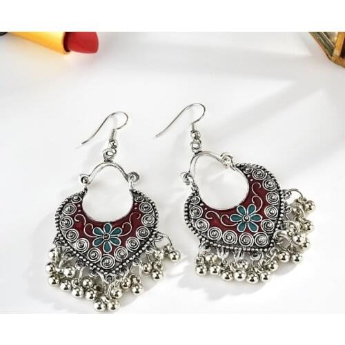Classic Ethnic Tribal Fan Shaped Dangle Earrings Relief Pattern Tassel Flower Earrings For Women Anniversary Gift L3E711