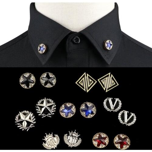 1PC/1Pair Mens Trendy Shirt Collar Brooch Round Star Gem Blue Red Crown Badge Retro Pins Wedding Party Neckware Button Accessory