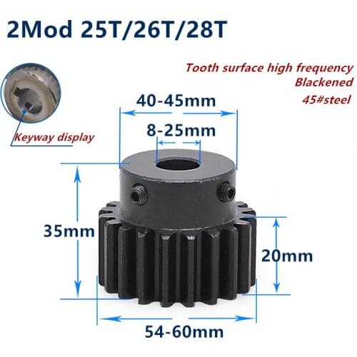 1pc Spur Gear pinion Mod 2 M=2 25T 26T 28T R Teeth 45# steel positive gear CNC gear rack transmission motor gears 25teeth 26teet