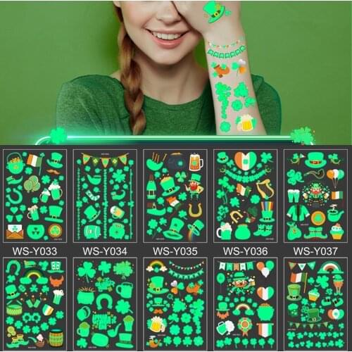 10 kinds Lucky Clover Luminous Tattoo St. Parkretts Day Temporary Body Sticker Disposable Waterproof tatouage temporaire Makeup