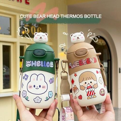 500ml Cute Bear head Kids Stainless Steel Straw Thermos Mug with Sticker Cartoon Leak-Proof Vacuum Flask Girl Thermal Bottle
