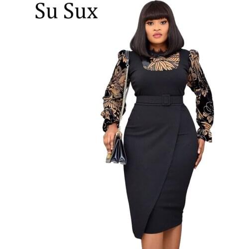 Elegant Pencil Dress African Clothes Patchwork Robe Africa Clothing Office Lady Long Sleeve Lace Collar Bodycon Dress New Spring