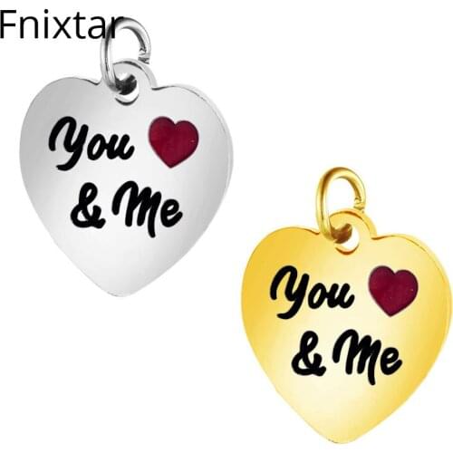 Fnixtar Gold Color Stainless Steel Charms Pendant You & Me Heart Metal Charm for DIY Handmade Jewelry Making Accessory 5pcs/lot