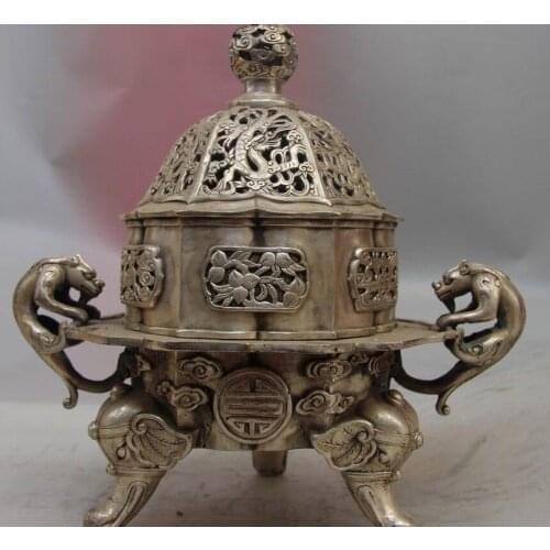 Chinese White Copper Silver Elephant Beast Eight treasures Incense Burner Censer