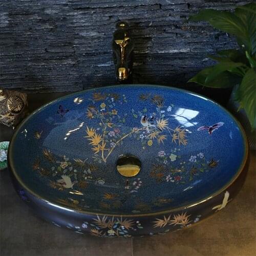 Art wash basin Ceramic Counter Top basin sink bathroom Flower And Bird pattern black oval ceramic Wash Basin Bathroom Sinks