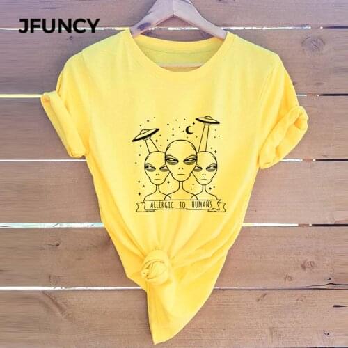 JFUNCY Aliens Print Harajuku T Shirt Women Plus Size Shirts 100% Cotton Short Sleeve Tees Women T-Shirt Summer Tops
