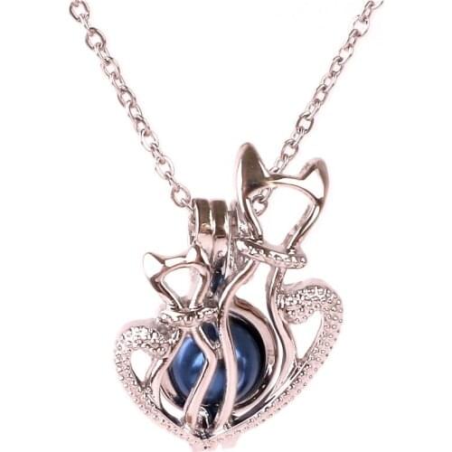 K1607 Silver copper Fox mom and baby animal Bead Pearl Cage Aroma Essential Oil Diffuser Locket Necklace stainless steel chain