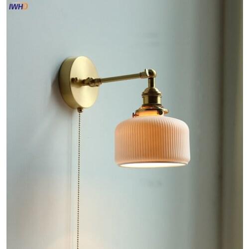 IWHD Ceramic Copper Arm Wall Lamp Beside Pull Chain Switch Bedroom Bathroom Stair Japan Style Nordic Modern Wandlamp Applique