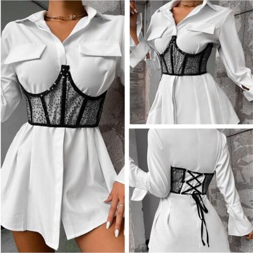 High Waist Corset For Women Lace Up Goth Bustier Top Body Shapewear Mesh Women Metal Chain Straps Female Stretchy Wide Belt