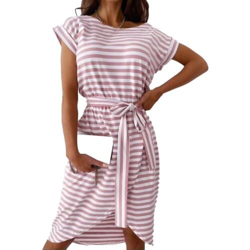 Summer Dress Striped Irregular Hem Women Round Neck Short Sleeve Dress for Party