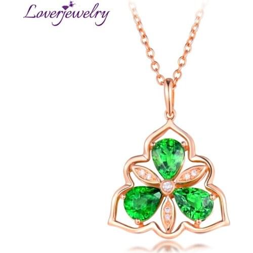 LOVERJEWELRY Women Pendants Romantic Solid 18Kt Rose Gold Diamond Tsavorite Necklace Pendant Flower Shape For Mom Christmas Gift