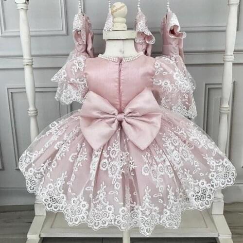 Custom Lovely Pink Baby Girl Birthday Party Dress Lace Satin Bow Flower Girl Dress Kids New Year Photography