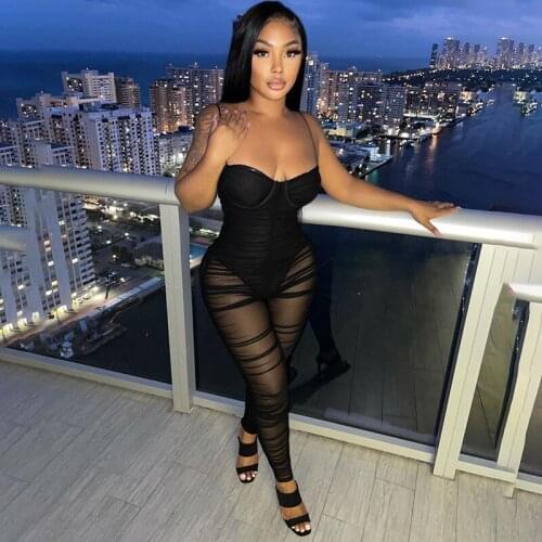 BKLD Fashion Outfit For Women Spring 2021 New Solid Color Black Sexy Spaghetti Strap Backless Mesh Stacked Leggings Jumpsuit