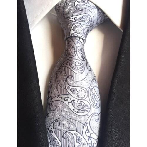 Lingyao New Design 8cm Woven Necktie Grooms Wedding Ties Gray with Luxury Paisley (Made of 2400 Stitches Shinny Thread)