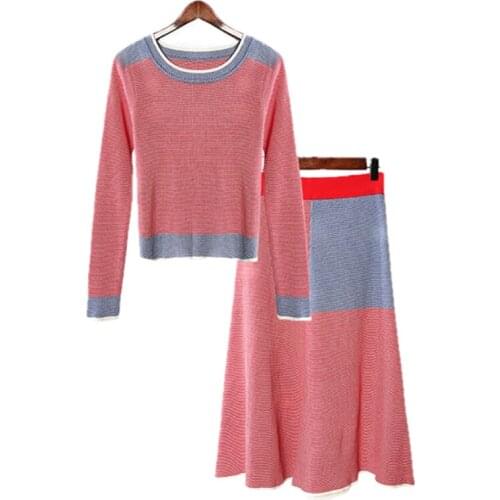 New Women Autumn Winter Knit Sweater Two Piece Suit Thick Pullover + Elastic Waist Long Skirt Sets Christmas Party Chic Pink Set