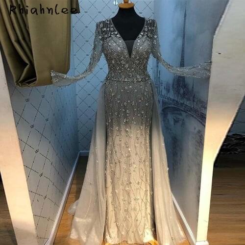 Rhiahnlee Long Sleeve Sexy V Neckline Evening Dresses 2021 Luxury Dubai Beading Diamont Sequin Formal Gowns