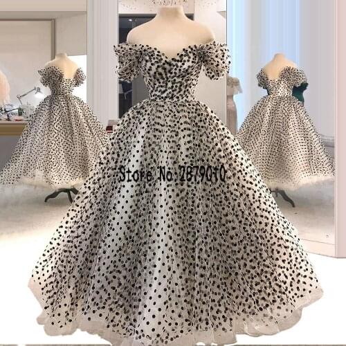 Simple Off Shoulder Sexy Evening Dresses 2020 Polka Dot Pattern Ankle Length Formal Dress Evening Gowns