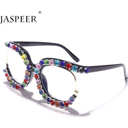 JASPEER Luxury Diamond Computer Glasses Women Anti Blue Eye Glass Handmade Crystal Spectacle Frames Ladies Eyewear Rhinestone