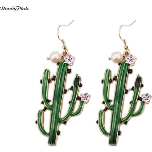 Banny Pink Wild Free Enamel Cactus Dangle Earrings For Women Bohemia Pink Flower Statement Drop Earrings Large Pendant Earrings