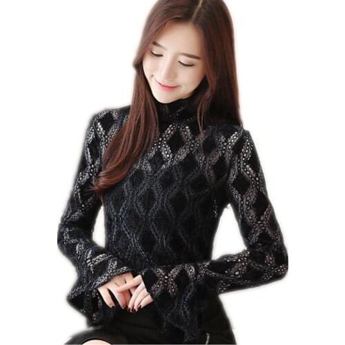 Sexy Lace Blouses Tops Autumn 2019 Blouses Hollow Out Women Long Flare Sleeve Casual Shirts Lace Clothes Women Clothing Q1221