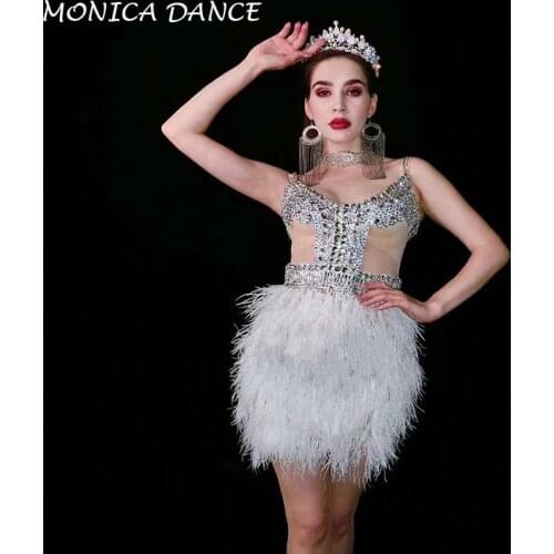 Sexy Stage Silver Rhinestones Transparent White Feather Dress Dance Celebrate Dress Outfit Womens Birthday Bar Prom Party Dress