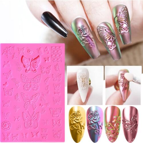 Nail Art Silicone Butterfly Carving Mold Sculpture Stamper Flower Reuse Soft relief Stamping Nails Template Manicure Accessories