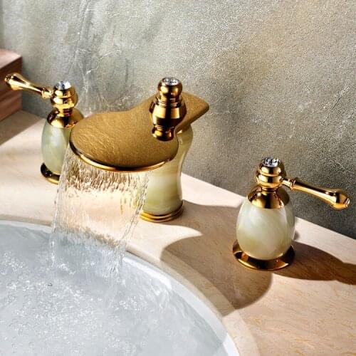 Gold clour 8 inch widespread 3 pieces bathroom Lavatory Sink faucet Mixer tap Free ship stone Jade faucet with crystal knobs