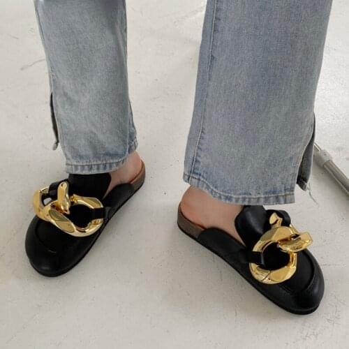 2021 Gold Chain Womens Slippers Closed Toe Non-slip Flat PU Mules Round Toe Low Heel Casual Slippers Flip-flops for Women