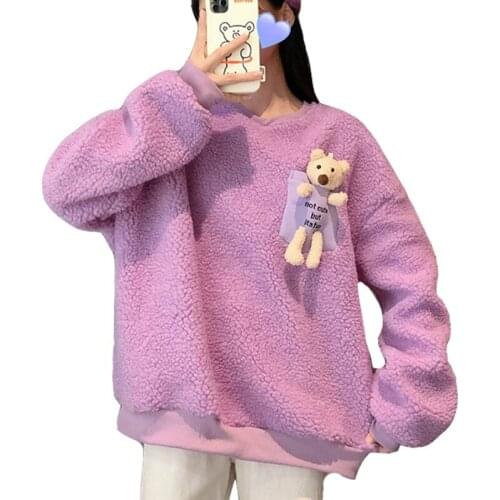 2020 Winter Lamb Plush Bear Women Sweatshirt Style Lazy Wind Plus Velvet Padded Round Neck Comfortable And Warm Girl Pullover