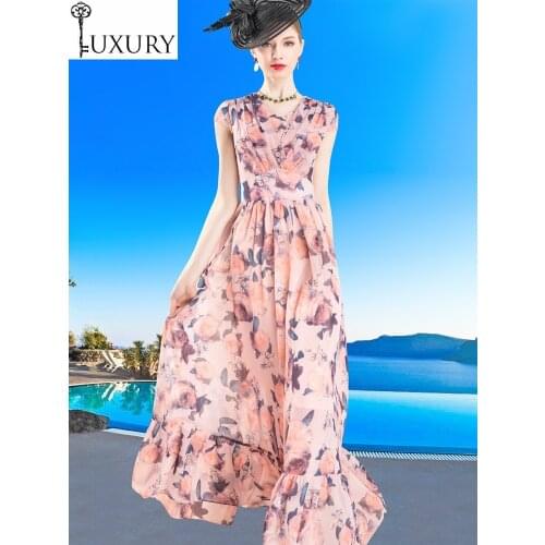 2020 Summer Top Luxury Quality Chiffon Women V-Neck Charming Flower Print Short Sleeve Sweet Pink Long Maxi Dress 4XL