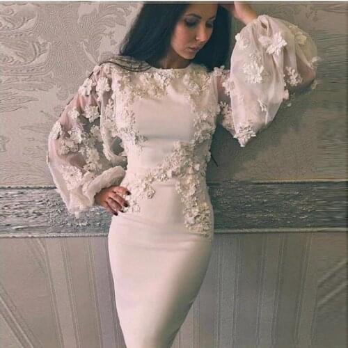 New Mermaid Long sleeve evening dresses Flower 3D lace short evening gown robe de soiree abendkleider muslim evening dress