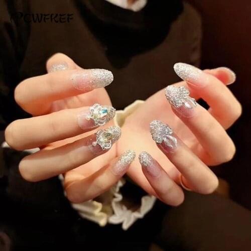 24Pcs Transparent Luxe Shining Rhinestone Wedding False Nails Glitter Gems Crown Designed Square Full Short Fake Nails Bride