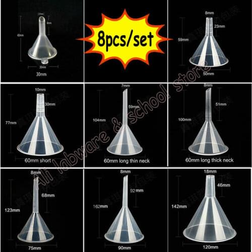 8pcs/set lab 30mm 50mm 60mm 75mm 90mm 120mm Diameter Triangle funnel Laboratory Clear White Plastic Conical Funnel
