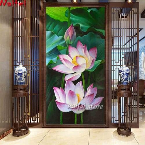 Diamond Painting Full Square/Round Diamond Living Room Vertical Porch Large Diamond Mosaic Cross-Stitch Lotus Flower Home Decor