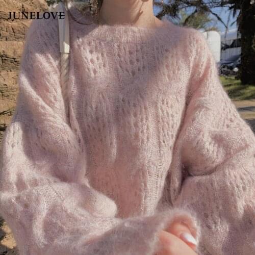 White Chic Mohair Pullover Sweater Autumn 2021 Long Sleeve Hollow Out Sweater O-neck Casual Pullovers Women Jumper Sweet Sweater