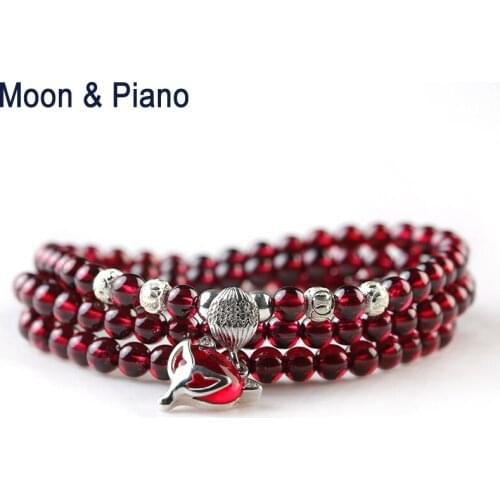 Natural Garnet Bracelets Wine Red Bead with Fox Pendant 925 Sterling Silver Bracelet for Women Girl Crystal Multiplayer Jewelry