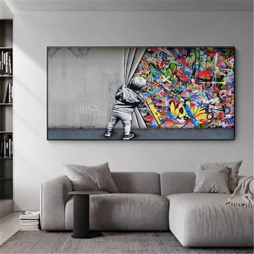 Kids Lover Behind The Curtain Street Art Canvas Posters and Prints Modern Graffit Art Paintings on the Wall Art Pictures Cuadros
