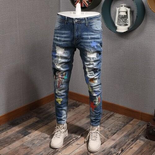Fashion Streetwear Men Jeans Retro Blue Slim Fit Destroyed Ripped Jeans Men Embroidery Patch Designer Hip Hop Denim Pencil Pants