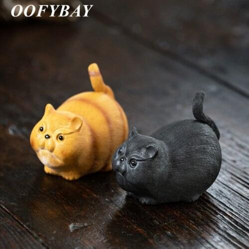 Yixing Raw Ore Mud Purple Clay Sculpture Tea Pet Lucky Cute Cat Figurine Living Room Animal Statue Car Ornaments Home Decoration