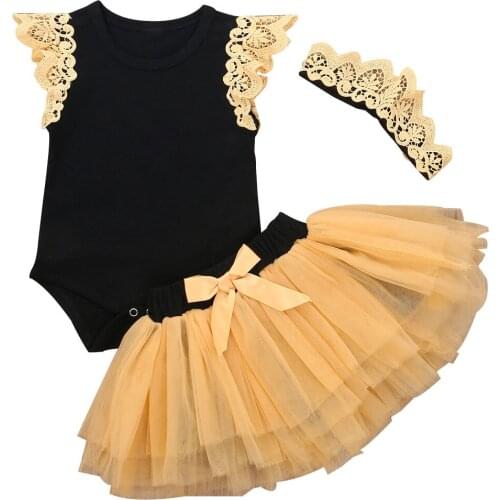 Infant Kids Baby Girl Outfits 3-Piece Fashion Casual Flying Sleeve Jumpsuit + Mesh Tutu Skirt + Headband Set