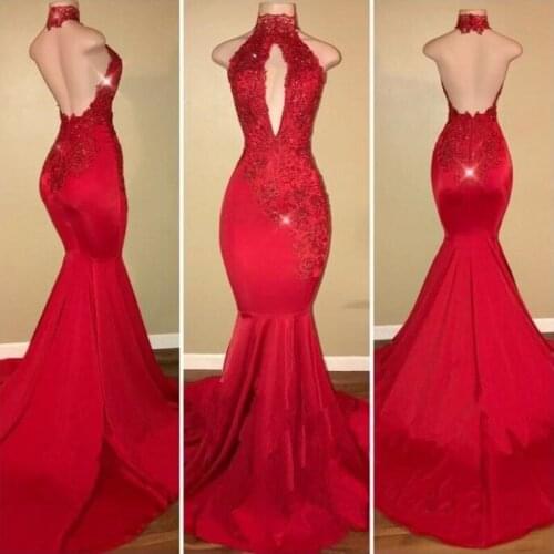 Red Mermaid Evening Dresses for African Black Girls 2019 Vestido De Festa Sexy Backless Halter Lace Runway Fashion Party Gowns