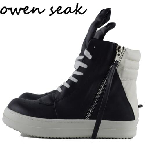Owen Seak Men Shoes High Ankle Luxury Trainers Rivet Cow Leather Winter Boots Lace Up Casual Sneaker Zip Flats Black White Shoes