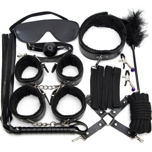 Sexy Leather BDSM Set Plush Sex Bondage Kits Handcuffs Adult Games Whip Gag Nipple Clamps Sex Toys For Couples Exotic Accessorie