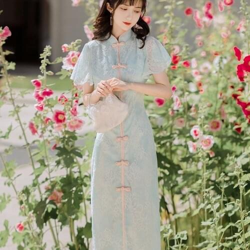 Summer New Womens Chinese Style Chinese Clothing Modified Version of Cheongsam Small Fresh and Sweet Lace Dress