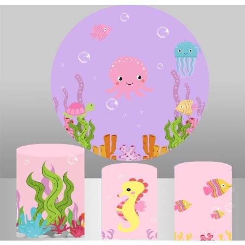 Under the sea pink girl shark background Round circle Backdrop baby shower kids birthday Party decora table plinth covers YY-429