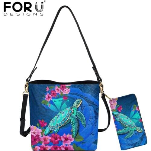 FORUDESIGNS Luxury Designer Women Shoulder Bag And Purse Set Hawaiian Polynesian Turtle Hibiscus Printed Lady Crossbody Bolsa
