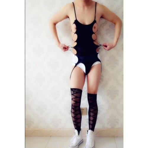 Male sexy lingerie transparent open crotch bodystocking mens catsuit sexy body all wrapped hot erotic underwear bodysuit Hollow
