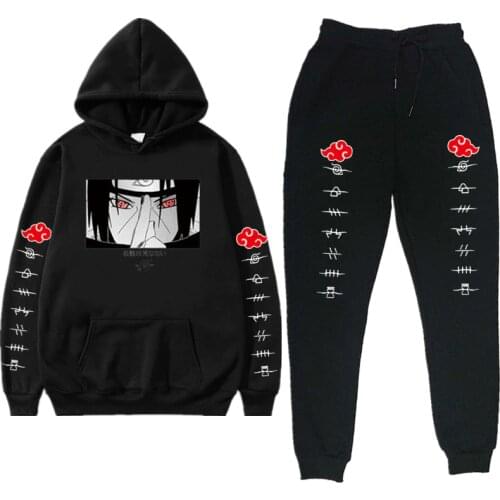 Mens Sets 2 Pieces Sets Naruto Akatsuki Uchiha Ltachi Anime Tracksuit Autumn Winter Hooded Sweatshirt+Drawstring Pants Hoodie